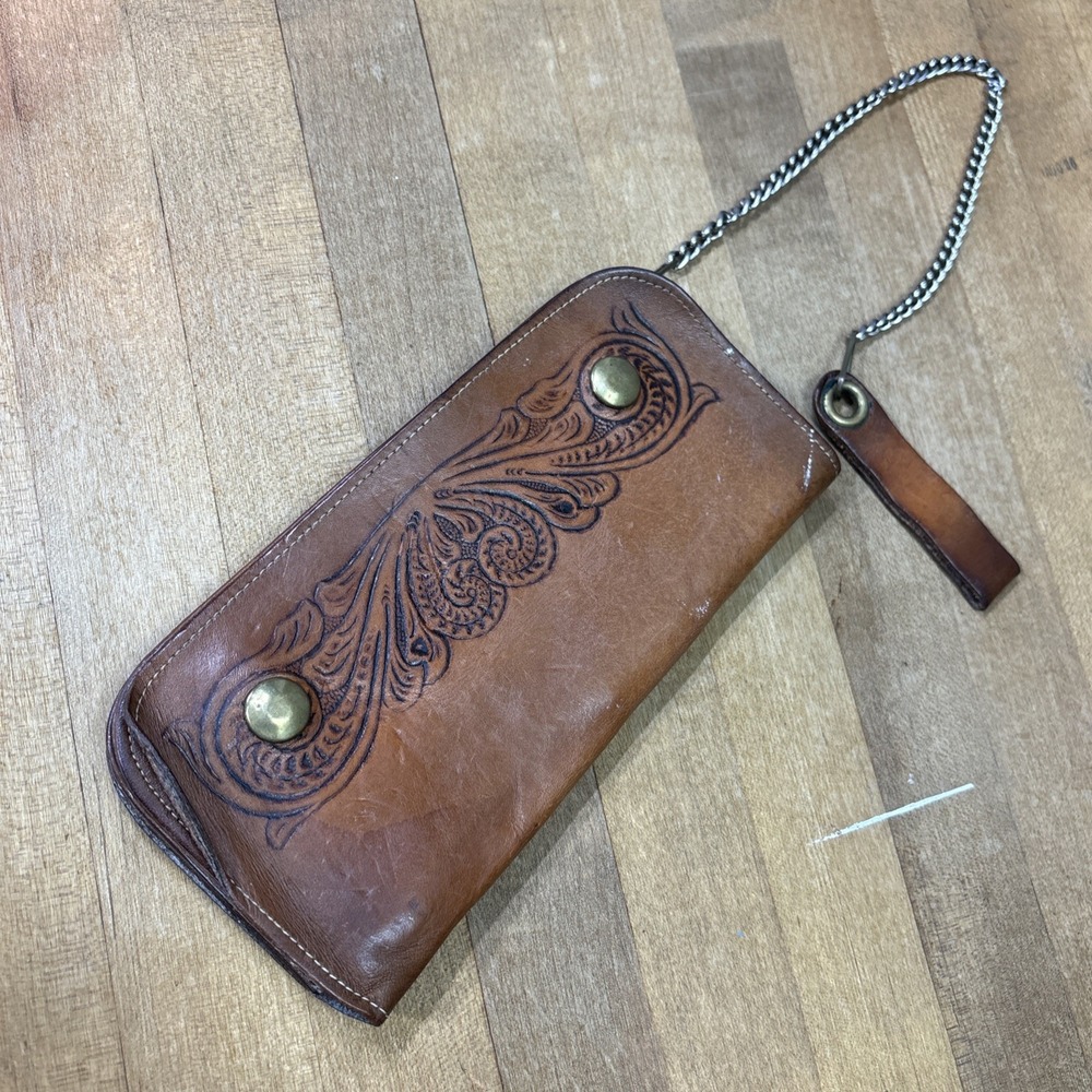 Vintage Tooled Leather Chain Wallet Western Long Brown Wallet
